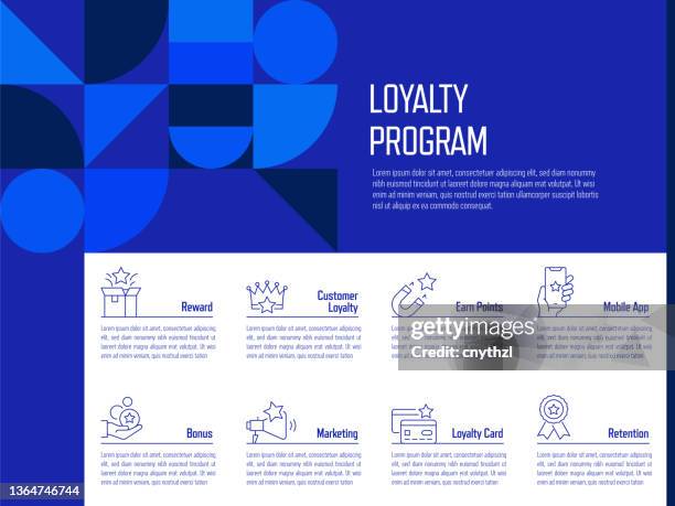 loyalty program concept vector line infographic design with icons. 8 options or steps for presentation, banner, workflow layout, flow chart etc. - loyalty program stock illustrations