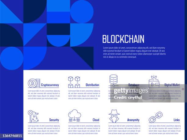blockchain concept vector line infographic design with icons. 8 options or steps for presentation, banner, workflow layout, flow chart etc. - manufacturing work flow stock illustrations