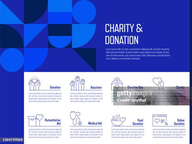 charity and donation concept vector line infographic design with icons. 8 options or steps for presentation, banner, workflow layout, flow chart etc. - community involvement icon stock illustrations