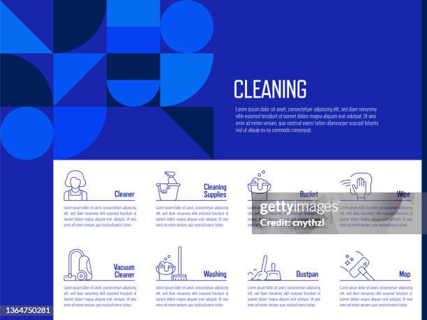 cleaning concept vector line infographic design with icons. 8 options or steps for presentation, banner, workflow layout, flow chart etc. - cleaning in progress stock illustrations