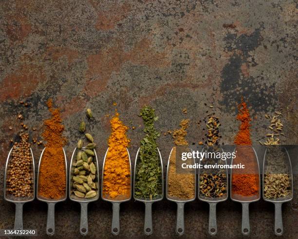 de nombreuses épices alimentaires indiennes colorées, biologiques, séchées et vibrantes en métal mesurant des boules de nourriture séchée sur un vieux fond métallique abstrait patiné. - spices photos et images de collection