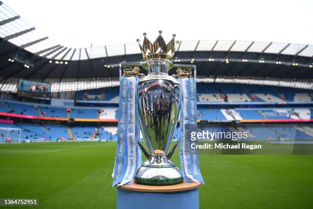 Detailed view of the Premier League trophy on the pitch prior to the Premier League match between Manchester City and Chelsea at Etihad Stadium on...