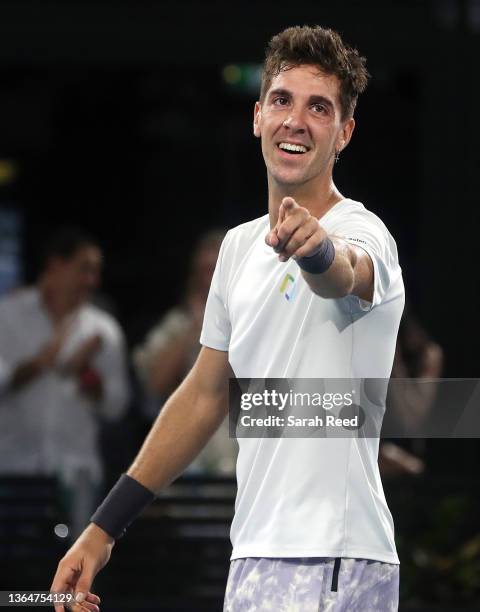 Thanasi Kokkinakis of Australia points to the crowd after he defeated Arthur Rinderknech of France in the final during day seven of the 2022 Adelaide...