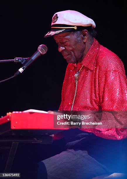 Chuck Berry performs at the Congress Theater on January 1, 2011 in Chicago, Illinois.