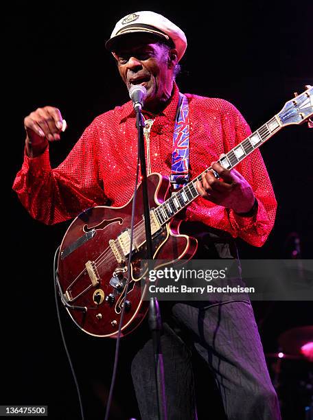 Chuck Berry performs at the Congress Theater on January 1, 2011 in Chicago, Illinois.