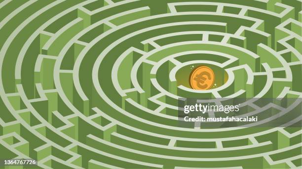 european union coin hidden in a 3d circle maze - money green background stock illustrations
