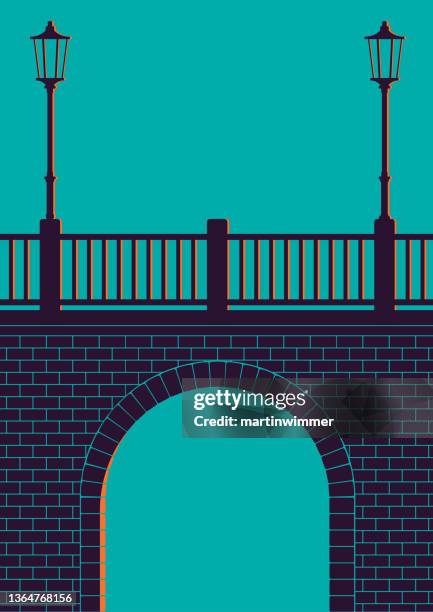 vintage poster stone bridge at sunset - stone bridge stock illustrations