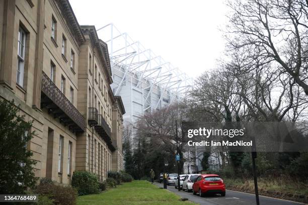 General view outside the stadium prior to the Premier League match between Newcastle United and Watford at St. James Park on January 15, 2022 in...