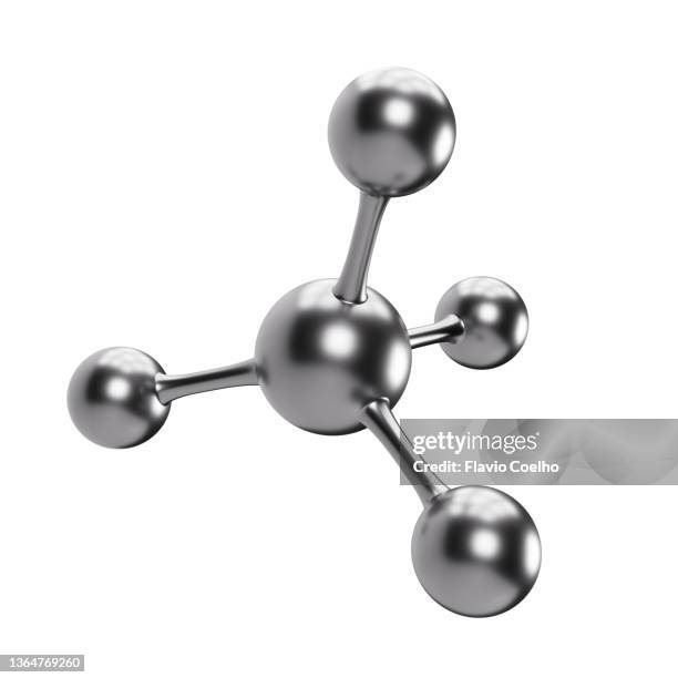 shiny metallic methane molecule isolated on white background - cromo foto e immagini stock