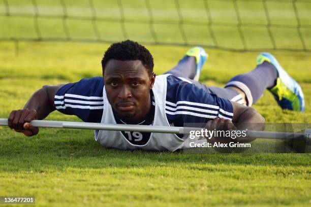 Chinedu Obasi exercises during a training session of Schalke 04 at the ASPIRE Academy for Sports Excellence on January 6, 2012 in Doha, Qatar.