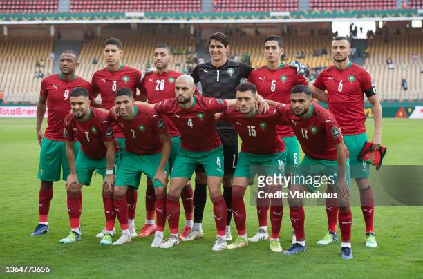 Morocco players pose for a team photo prior to the Group C Africa Cup of Nations 2021 match between Morocco and Comoros at Stade Ahmadou Ahidjo in...