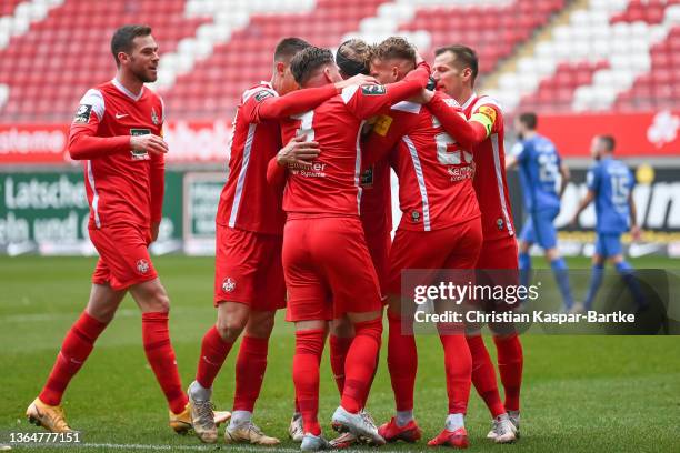 Mike Wunderlich of 1.FC Kaiserslautern celebrates after scoring his team`s fourth goal during the 3. Liga match between 1. FC Kaiserslautern and SV...