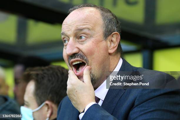Rafael Benitez, Manager of Everton reacts prior to the Premier League match between Norwich City and Everton at Carrow Road on January 15, 2022 in...