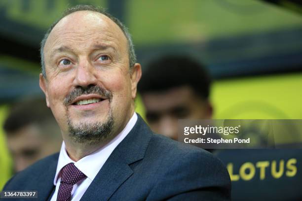 Rafael Benitez, Manager of Everton looks on prior to the Premier League match between Norwich City and Everton at Carrow Road on January 15, 2022 in...
