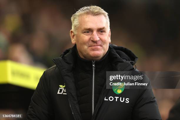 Dean Smith, Manager of Norwich City looks on prior to the Premier League match between Norwich City and Everton at Carrow Road on January 15, 2022 in...