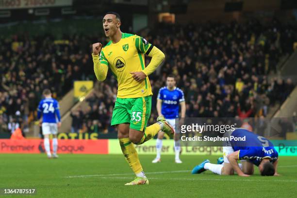 Adam Idah of Norwich City celebrates after their side's first goal, an own goal scored by Michael Keane of Everton during the Premier League match...