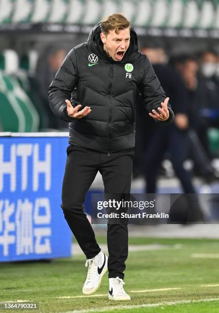 Florian Kohfeldt, Head Coach of VfL Wolfsburg reacts during the Bundesliga match between VfL Wolfsburg and Hertha BSC at Volkswagen Arena on January...