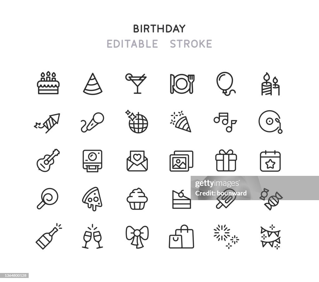 Iconos de línea de cumpleaños Trazo editable
