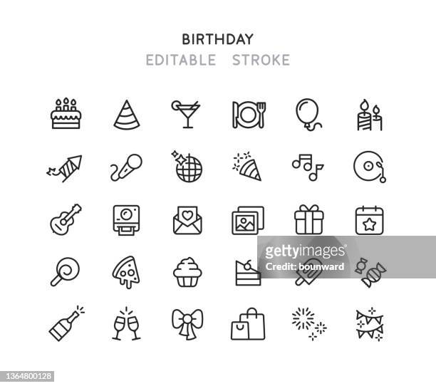 bildbanksillustrationer, clip art samt tecknat material och ikoner med birthday line icons editable stroke - cake party
