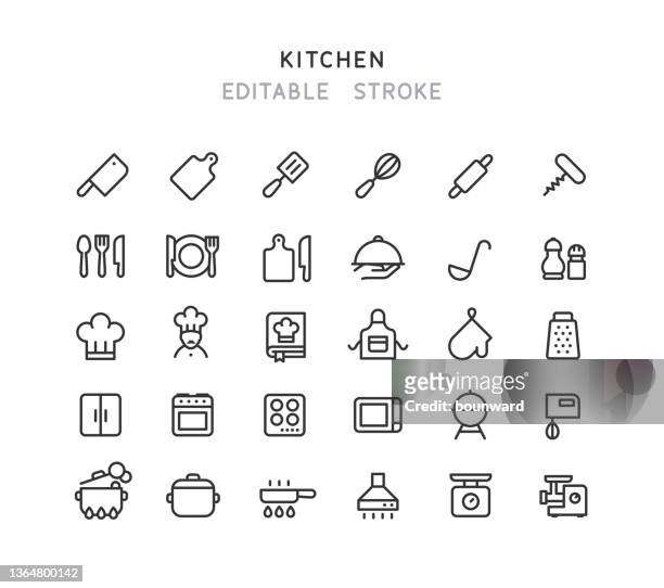 küchenliniensymbole bearbeitbarer strich - garkochen stock-grafiken, -clipart, -cartoons und -symbole