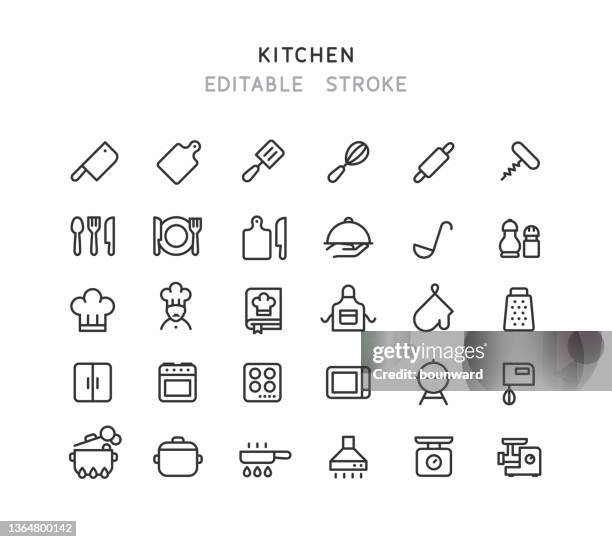 ilustraciones, imágenes clip art, dibujos animados e iconos de stock de iconos de línea de cocina trazo editable - olla hirviendo