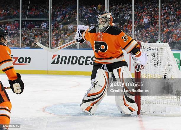 Sergei Bobrovsky of the Philadelphia Flyers tends goal against the New York Rangers during the 2012 Bridgestone NHL Winter Classic on January 2, 2012...