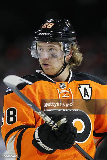 Claude Giroux of the Philadelphia Flyers looks on against the New York Rangers during the 2012 Bridgestone NHL Winter Classic on January 2, 2012 at...