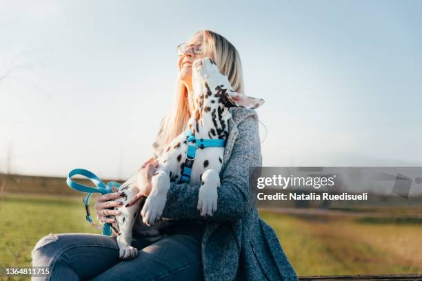 happy young woman cuddling with her dalmatian puppy outside. - dalmatiner stock-fotos und bilder