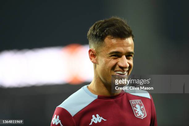 Philippe Coutinho of Aston Villa reacts during the warm up prior to the Premier League match between Aston Villa and Manchester United at Villa Park...