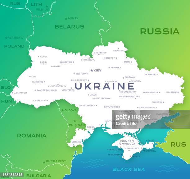 karte der ukraine mit internationalen grenzen und wichtigsten städten - ukraine war stock-grafiken, -clipart, -cartoons und -symbole