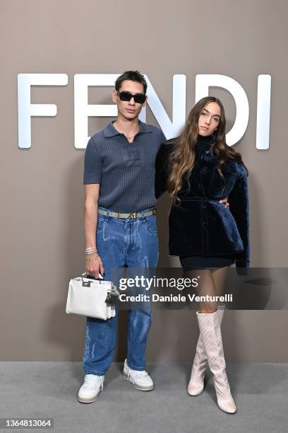 Evan Mock and Gray Sorrenti attend the Fendi fashion show on January 15, 2022 in Milan, Italy.