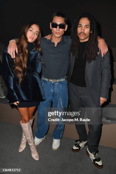 Gray Sorrenti, Evan Mock and Luka Sabbat attend the Fendi fashion show on on January 15, 2022 in Milan, Italy.