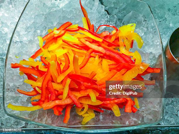 shredded bell pepper, buffet serving dish - bell pepper stock pictures, royalty-free photos & images