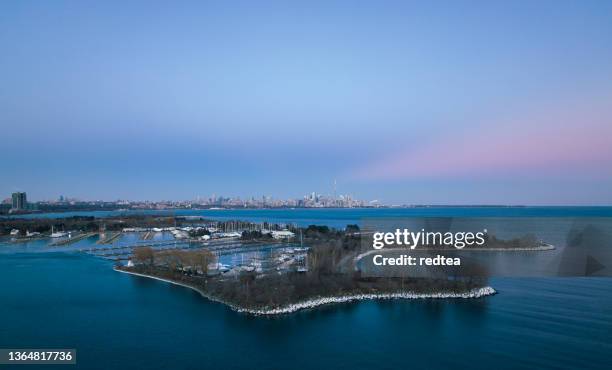 aerial bluffers park - humber bay park  at winter, etobicoke canada - etobicoke ontario stock pictures, royalty-free photos & images
