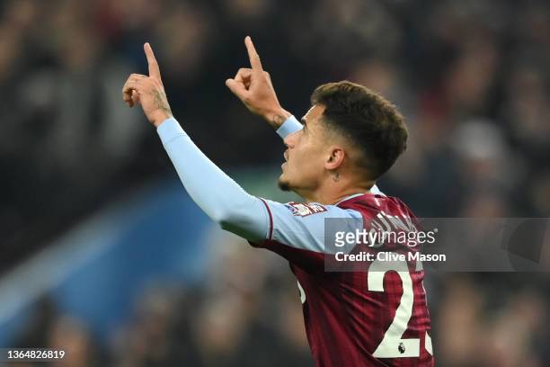Philippe Coutinho of Aston Villa celebrates after scoring their side's second goal during the Premier League match between Aston Villa and Manchester...