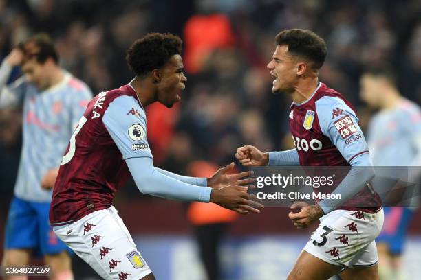 Philippe Coutinho of Aston Villa celebrates with teammate Carney Chukwuemeka after scoring their side's second goal during the Premier League match...