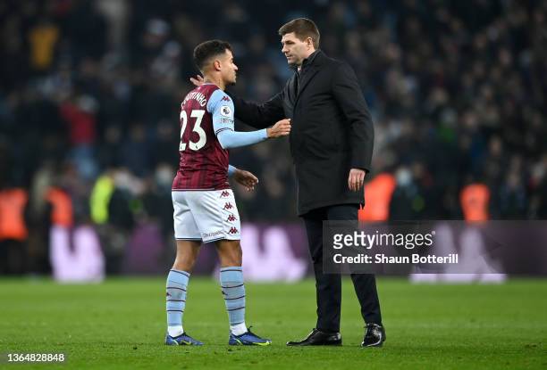 Steven Gerrard, Manager of Aston Villa interacts with Philippe Coutinho of Aston Villa following the Premier League match between Aston Villa and...