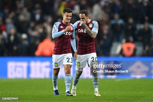 Philippe Coutinho and Danny Ings of Aston Villa interact following the Premier League match between Aston Villa and Manchester United at Villa Park...