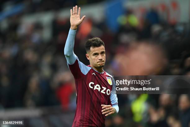 Philippe Coutinho of Aston Villa acknowledges the fans following the Premier League match between Aston Villa and Manchester United at Villa Park on...
