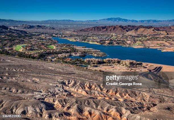 Aerial view of Lake Las Vegas, located adjacent to Lake Mead is a water reservoir on The Las Vegas Wash and eventually flows in Lake Mead as viewed...