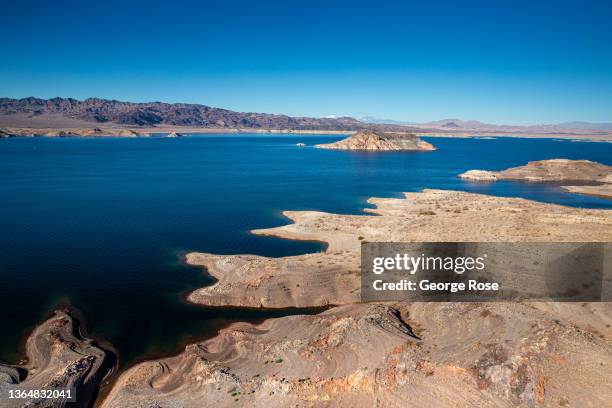 Aerial view Lake Mead is a water reservoir formed by Hoover Dam on the Colorado River in the Southwestern United States and is viewed at 30% capacity...