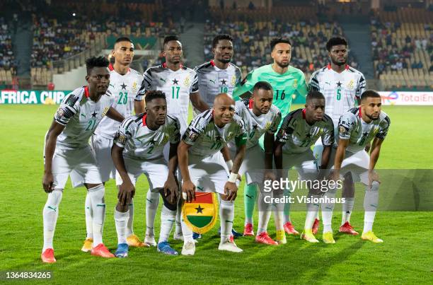 Ghana players pose for a team photograph during the Group C Africa Cup of Nations 2021 match between Gabon and Ghana at Stade Ahmadou Ahidjo in...