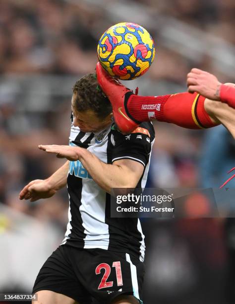 Newcastle player Ryan Fraser gets a Watford boot on the head during the Premier League match between Newcastle United and Watford at St. James Park...