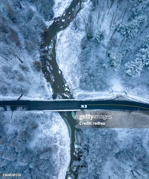 carros dirigindo na floresta depois de nevar, canadá - ambientação - fotografias e filmes do acervo