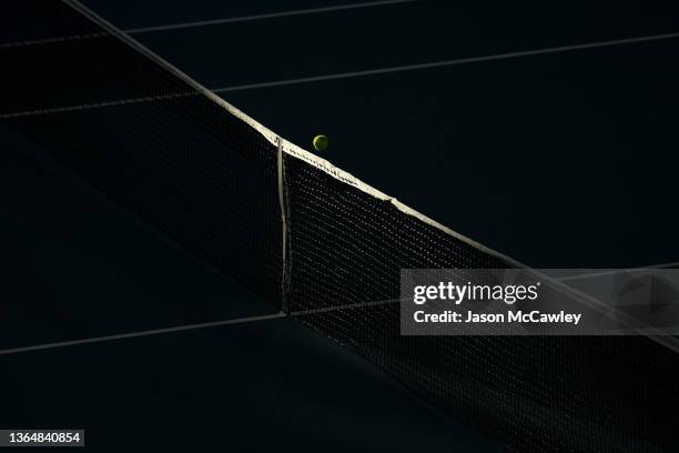 Tennis ball and net during day seven of the Sydney Tennis Classic at the Sydney Olympic Park Tennis Centre on January 15, 2022 in Sydney, Australia.
