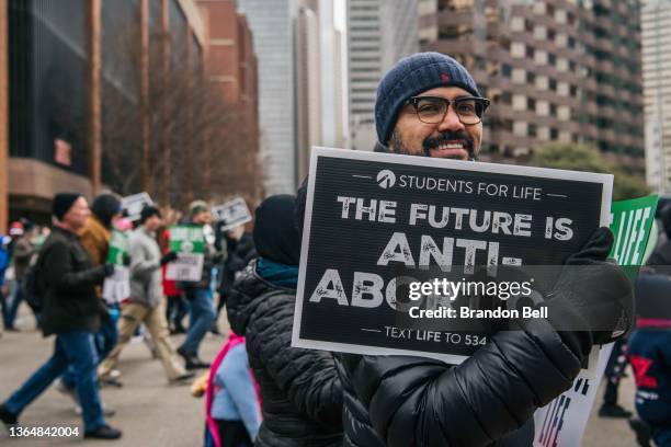 Pro-life demonstrators march during the "Right To Life" rally on January 15, 2022 in Dallas, Texas. The Catholic Pro-Life Community, Texans for Life...