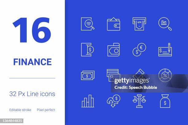 finance, editable stroke line icon set, modern icon design. - checking account atm stock illustrations
