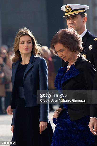 Princess Letizia of Spain, Prince Felipe of Spain and Queen Sofia of Spain attend the Pascua Militar Ceremony at Palacio Real on January 6, 2012 in...