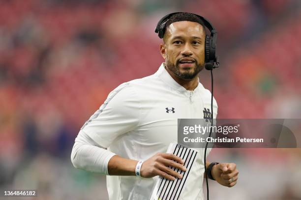 Head coach Marcus Freeman of the Notre Dame Fighting Irish during the PlayStation Fiesta Bowl at State Farm Stadium on January 01, 2022 in Glendale,...