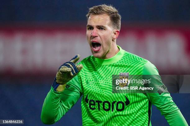 Jeroen Houwen of Vitesse coaches his teammates during the Dutch Eredivisie match between Feyenoord and Vitesse at Stadion Feijenoord on January 15,...